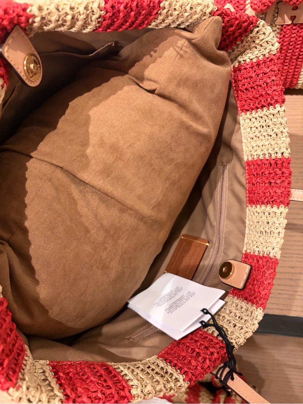 Coach Red and Cream Striped Crochet Tote with Pom-Pom Charm straw city tote new - Picture 7 of 14